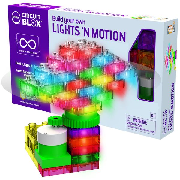 E-Blox Building Blocks STEM Circuit Kit, Build Your Own Lights ‘N Motion, Light & Rotating Capabilities, Infinite Science Creations, Birthday Gift, Boys, Girls, 5+