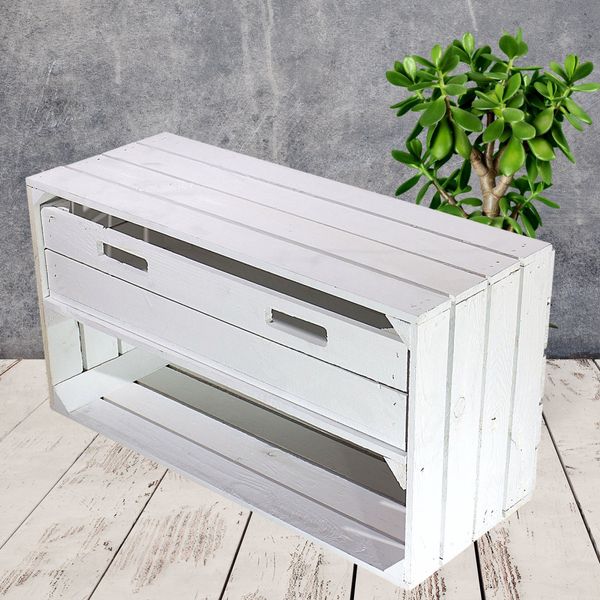 3 breite weiße Obstkisten mit Schublade 75cm x 40cm x 31cm Nachttisch Ablage Apfelkiste Weinkiste Schrank Lagerung mit Schubladen Vintage Landhaus Box Holz Regal