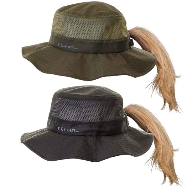 Funky Junque Ponytail Sun Hat w/Chin Strap Bundle - Black & Olive (2 Pack)