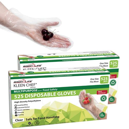 KLEEN CHEF Disposable Food Handling Long Cuff Poly Gloves | One Size Fits Most, 525 per Box (2 Boxes)