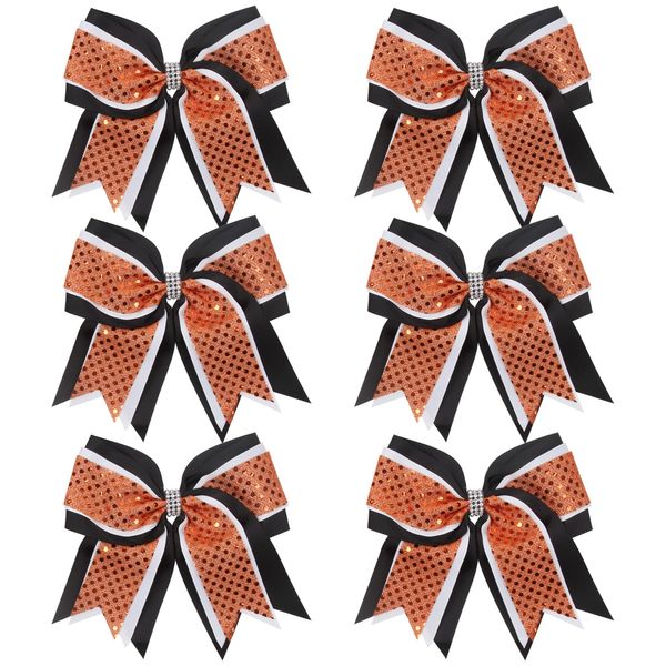 Cheerleader Bows 8 Inch 3 Layers 6 Pcs Ponytail Holder Jumbo Cheerleading Bows Hair Elastic Hair Tie for High School College (Black/White/Orange)