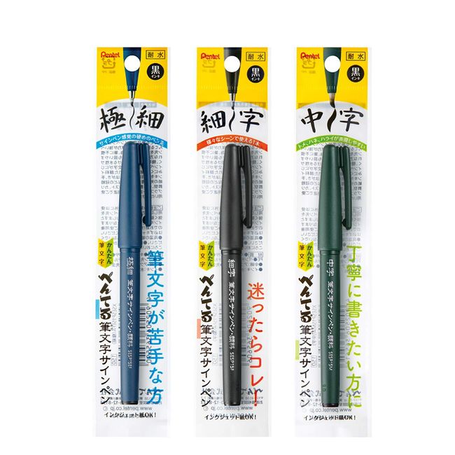 Pentel XSES15P-3AMZ Brush Letter Sign Pen, Pigment Type, Set of 3, Black