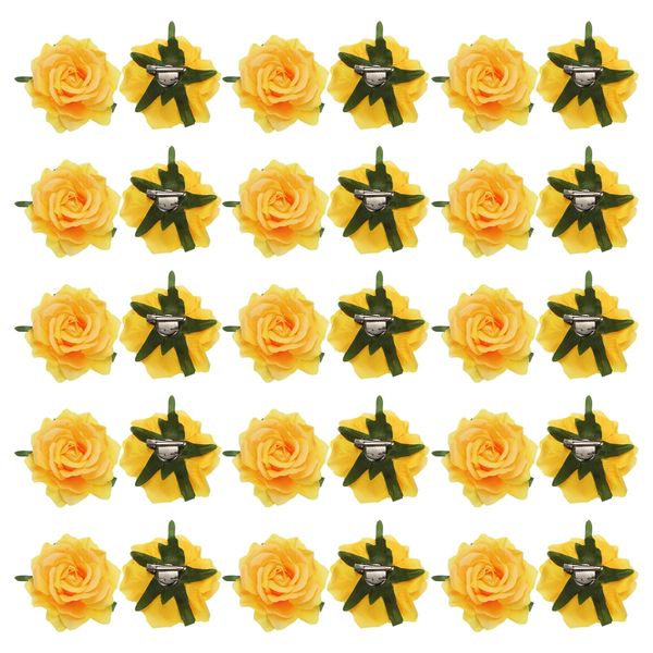 MECCANIXITY 30 Pcs Rose Flower Hair Clips 4 Inch Flower Hair Pins Flower Brooch for Women Hair Accessories Yellow