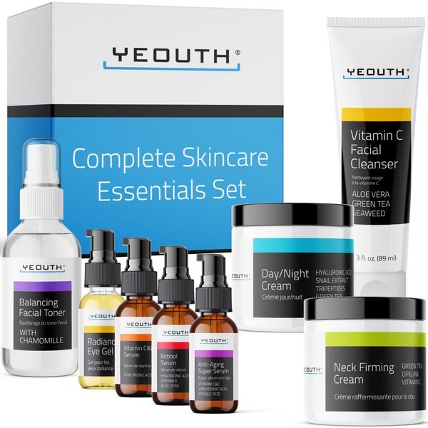 YEOUTH Skin Care Kit: Hyaluronic Acid, Vitamin C, Anti Aging Serum, Cleanser, Toner, Eye Gel, Neck Cream, Face Cream, Skin Care Routine Kit for Women 8-Piece Skin Care Gift Set