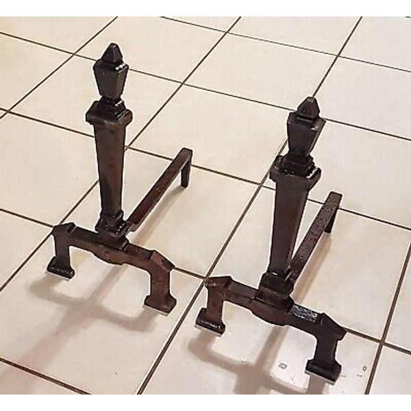 Cast Iron Andiron Set 18" VTG Fire Dog Log Holders Primitive Farmhouse Fireplace