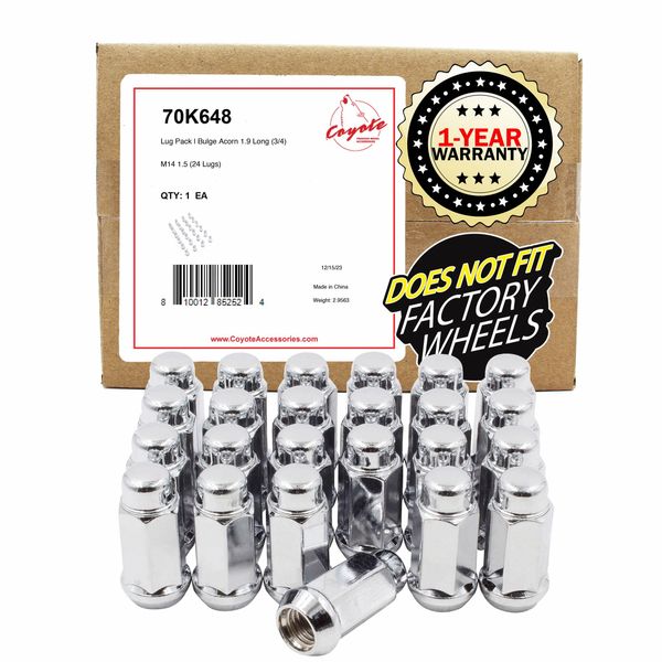 Wheel Accessories Parts 24 Pcs M14x1.5 14x1.5 Thread Bulge Acorn 1.90" Long Lug Nuts Chrome 3/4" 19mm Hex Fits 1999+ Chevy Silverado GMC Sierra 1500 2015+ Ford F 150 Nissan Titan XD 2019+ Ram 1500