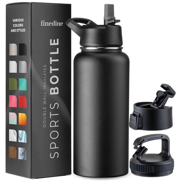 FineDine Triple Walled, Insulated Water Bottles with Straw - 32 Oz Stainless Steel Metal Bottle W/ 3 Leak Proof Lids - For Travel, School, Sports, Gym/Men, Women & Kids - Inky Raven Black