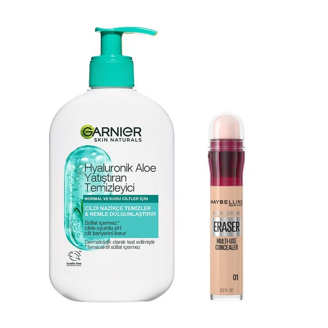 Garnier Hyaluronik Aloe Nemlendiren ve Yatıştıran Temizleyici 250 ML & Maybelline New York Instant Anti Age Eraser Kapatıcı, 01 Light, 6.8 ml