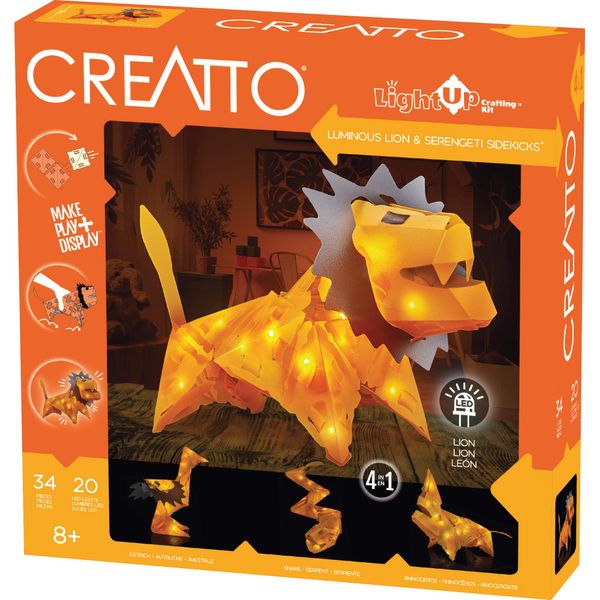 Creatto Luminous Lion & Serengeti Sidekicks Light-Up 3D Puzzle Kit | Includes Creatto Puzzle Pieces to Make Your Own Illuminated Craft Creations | DIY Activity Kit & LED Lights,Orange