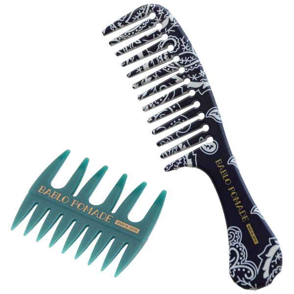 Bablo Pomade Grooming Jumbo Comb (Navy Paisley Pattern) & Mesh Comb (Green), Set of 2, Coarse Comb & Barber