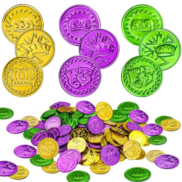 FUNIXY 288PCS Mardi Gras Coins Gold Green Purple Plastic Coins Carnival Party Decorations Accessories Parada Throws Party Favor Supplies Kids Hunting Games Table Decor