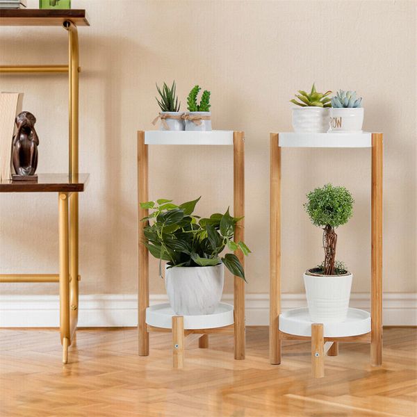 2PCS Wood Plant Stand Corner 2 Tier Removable Planter Pot Holder Compact Space