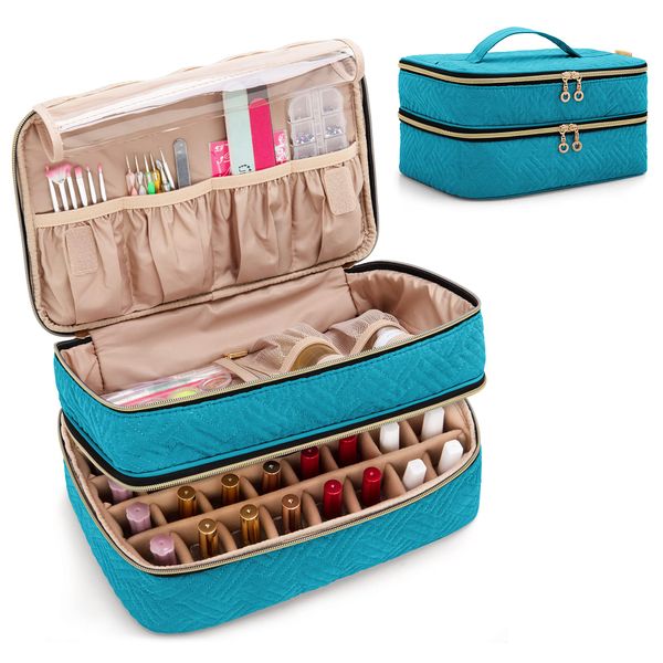 BAFASO Manicure Case, Double Layer, For 40 Bottles (0.5 fl oz (15 ml), Can Hold Nail Tools, Teal