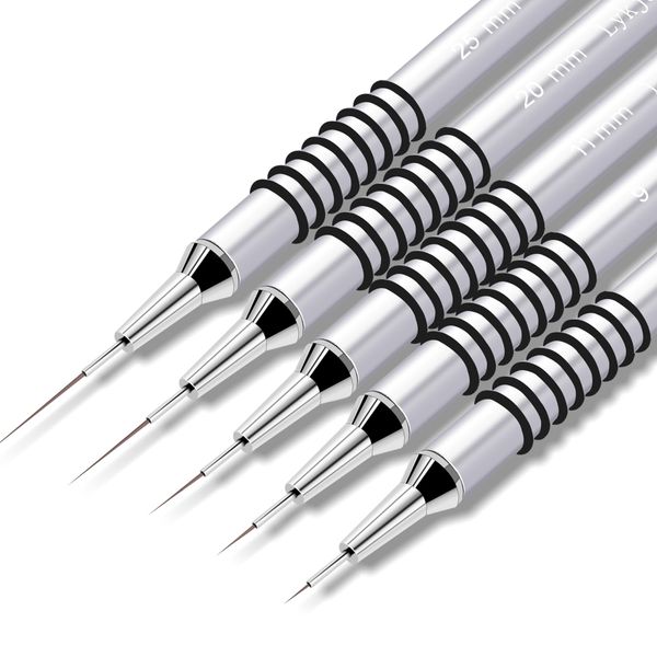 5pcs Nail Art Liner Brushes,Liner Brush For Nails,Nail Art Brush For Long Lines,Thin Details,Fine Drawing,Liner Brush UV Gel Polish Painting Nail Design Sizes 7/9/11/20/25mm(Silver)