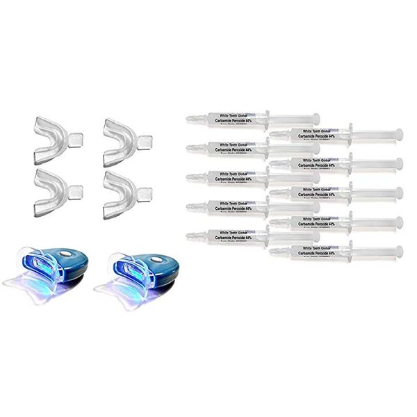 White Teeth Global 44% Carbamide Peroxide 10 Syringes of Teeth Whitening Gel - (2) LED Accelerator Light - (4) Mouth Trays - (2) Shade Guide - (1) Instructions Sheet