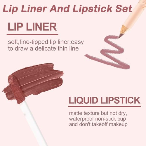 Lip Liner and Lipstick Set,Matte Liquid Lipgloss Highly Pigmented Waterproof Lipstick, Up to 12 Hour Wear, Non-Stick Cup Lip Gloss & Lip Line Pencil Set For Women