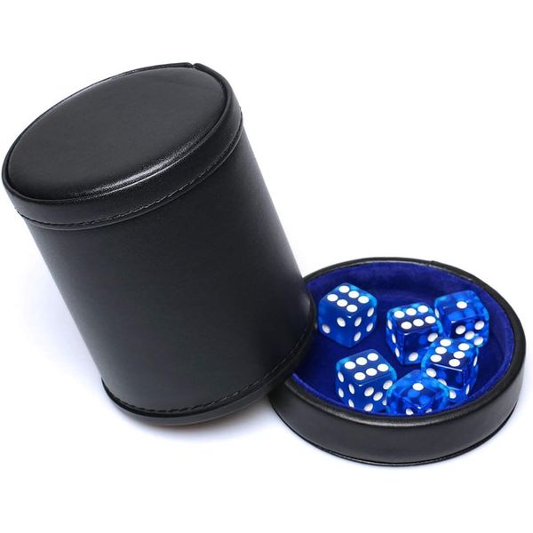 PU Leather Dice Cup with Matching Lid, Including 6 White Dices, Felt Lined Dice Shaker Cup Set for Liars Farkle Yahtzee Board Games