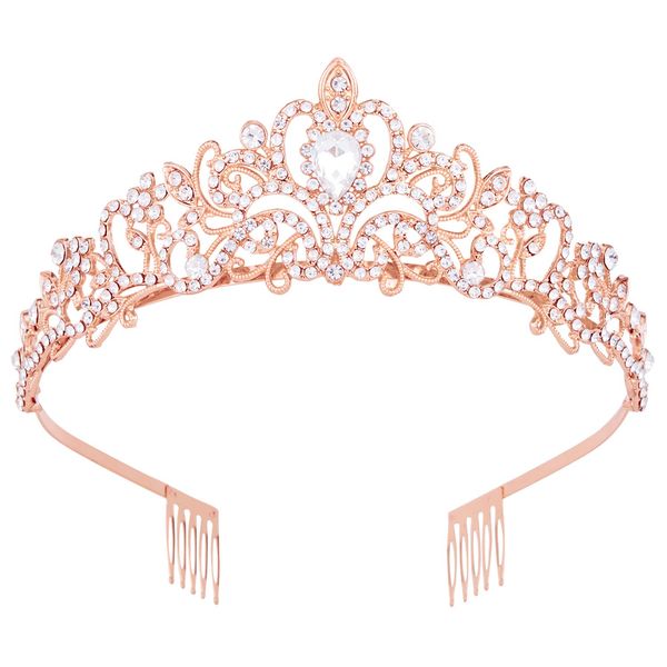 Vofler Crowns for Women, Rose Gold Tiara Crystal Rhinestone Hair Accessories for Princess Queen Ladies Little Girls Adult Bridal Bride Birthday Wedding Pageant Prom Halloween Costume Party with Combs