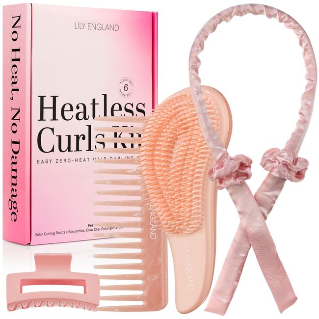 Lily England Heatless Curlers, 6-Piece Hair Care Gift Set with Detangle Hair Brush - Hair Curlers No Heat, Gift for Teenage Girls - Heatless Curling Set for Overnight Curls