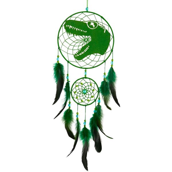 Basumee Dinosaur Dream Catcher for Kids Feather Dream Catchers Handmade Home Décor Wall Hanging with Double Ring for Nursery Bedroom Boy Birthday Gift, Green