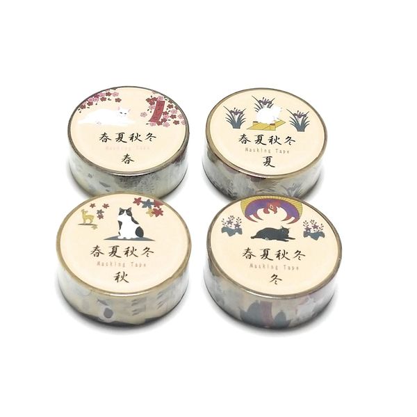 Cute Cat Masking Tape, Flower Card Pattern, Spring, Summer, Autumn, Winter Set
