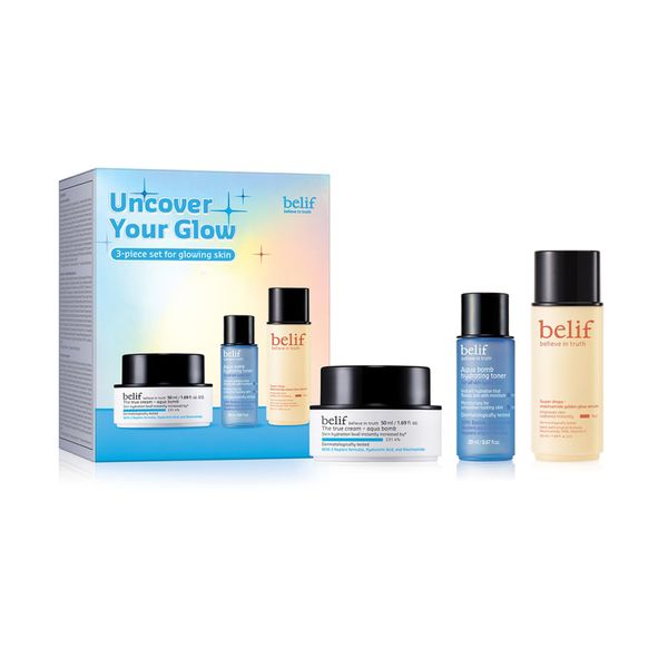 belif Uncover Your Glow Set​, Aqua Bomb Daily Face Moisturizer, Niacinamide Vitamin C Golden Glow Serum, Aqua Bomb Hydrating Toner - Hyaluronic Acid, For All Skin Types, Korean Skin Care