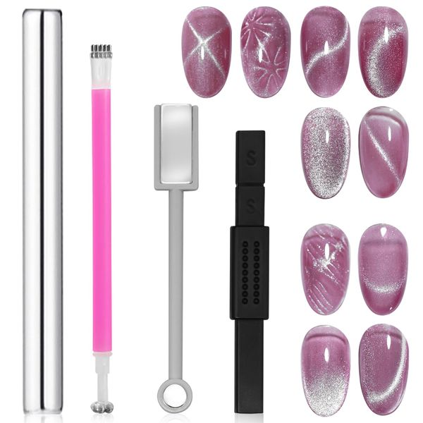 4Pcs Cat Eye Magnet for Nails, Nail Magnets Cateye Magnet for Nails Art, Double-Head Nail Magnetic Cat Eye Gel Nail Polish Magnet Wand Strong Suction Board Nail Manicure Tool Set for Salon DIY Home