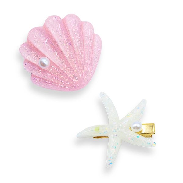 IKUHRMO Starfish Shell Pearl Hair Clip Set, Artificial Mermaid Costume Hairpin Princess Headwear for Girls Women Hair Accessories (Pink)