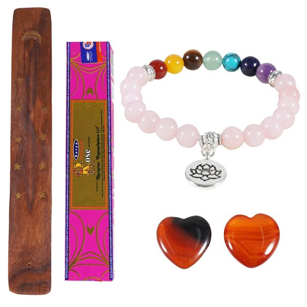 Healing Crystal Natural Rose Quartz Crystal with 7 Chakra Crystal Beads Bracelet Moon Incense Broad for Stick Red Agate Crystal Love Stone Rose Sandalwood Reiki Meditation