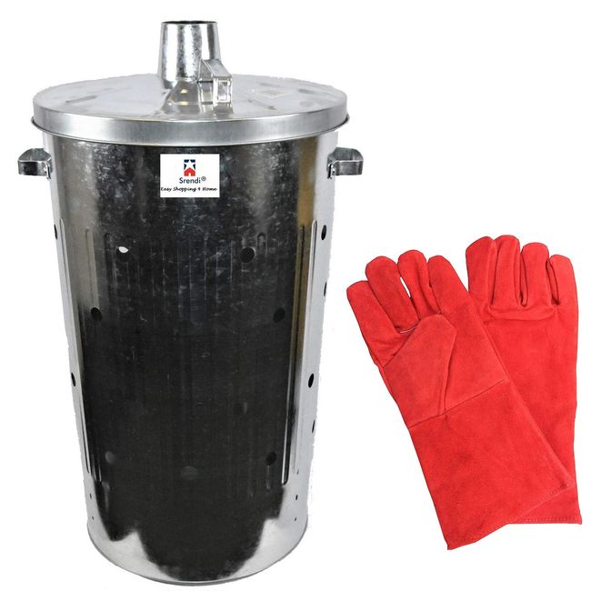 Srendi® Small Large Extra Large 15L 90L 110L Litre Metal Galvanised Garden Incinerator Fire Bin Burning Leaves Paper Wood Rubbish Dustbin with Free Red Gloves Made in U. K. (110L Incinerator)