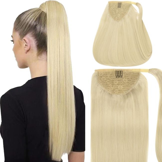 Caliee 14Inch Ponytail Extensions Human Hair 60A Platinum Blonde 100% Remy Human Hair Wrap Around Clip in Binding Ponytail Hair Extensions 70G Straight Ponytail Hair Piece for Women