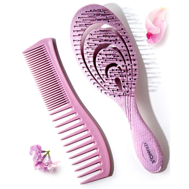 Detangling Brush and Comb Set - Gentle on Scalp Detangler Hair Brush and Styling Comb for Women - Hair Comb and Hairbrush for Thin, Thick, Curly, Straight, and All Other Womens Hair Types by Keranique