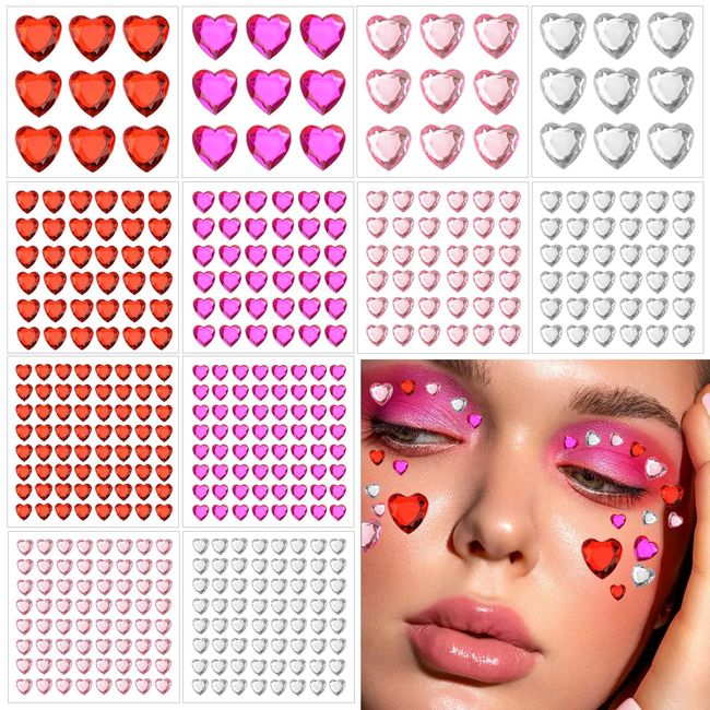 Dazzhues 436 PCS Heart Rhinestones Self Adhesive Sticker Acrylic Heart Gems for Face Hair Body Bling Heart Jewels Crystal Stickers for Wedding Valentine's Day Decoration Nail Art DIY Craft (6/10/18mm)