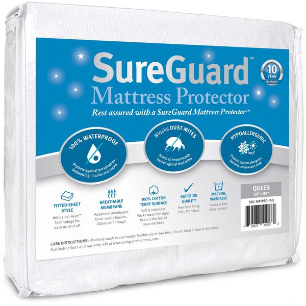 SureGuard Queen Size Mattress Protector - 100% Waterproof, Hypoallergenic - Premium Fitted Cotton Terry Cover White