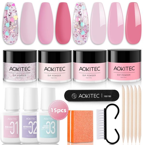 Aokitec Dip Powder Nail Kit - 4 Colors Nail Dip Powder Romantic Pinky Series with Dip Base Activator Top Coat Dipping Powder Liquid Set for Lovers French Nail Art DIY, Gifts for Women Girls, Birthday