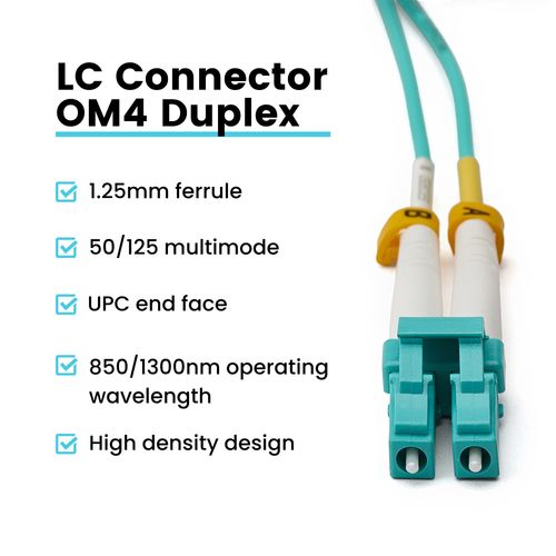 trueCABLE LC to LC OM3 Fiber Patch Cable, 15m (49.21ft), UPC Polish, 10GB Multimode (MM) Duplex 50/125um, Riser Rated (OFNR), UL Listed, 1pc, Aqua