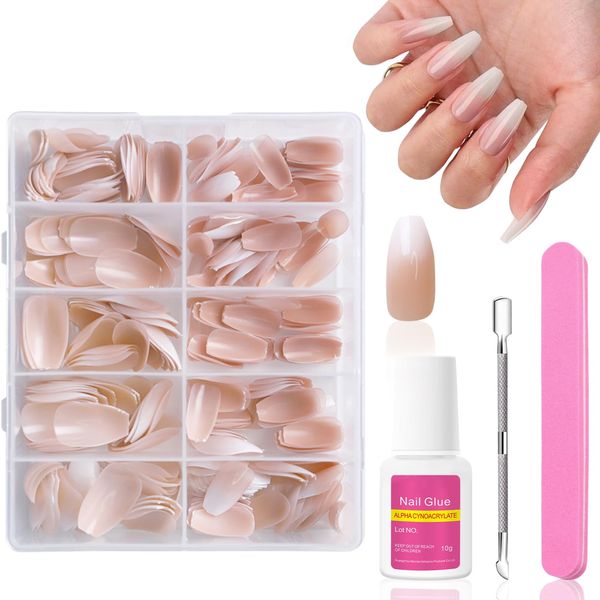 Ceboic False Nail Tips Kit, 240Pcs French Press on Nails Short Ballerina Nude Fake Nails, Pink White Gradient Glue on Nails, Removable Acrylic Full Cover Stick on Nails for Women Girls Nail Art DIY