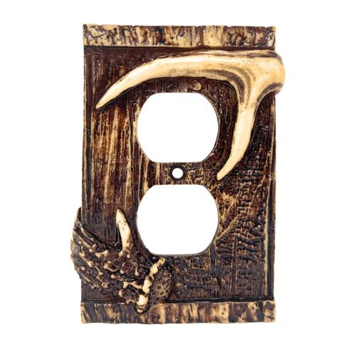 BestGiftEver Double Outlet Decorative Cover Plate with Realistic Wood and Antler Accents - Rustic Duplex Receptacle Electrical Wall Plate for Lodge Cabin - Ideal Gift for Outdoor Nature Lovers