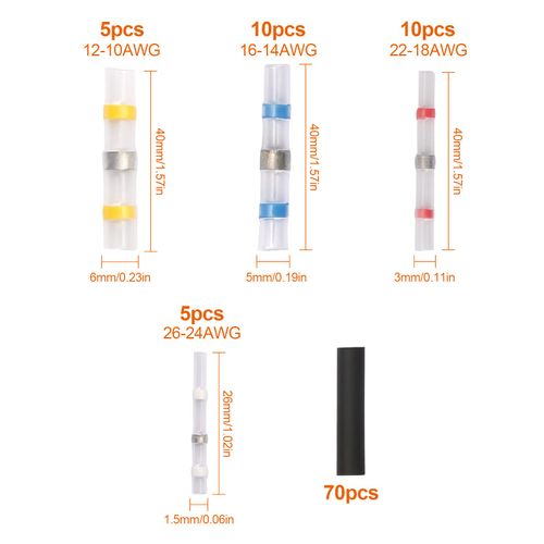30+70pcs Solder Seal Wire Connectors Waterproof Heat Shrink Electrical Wire Butt Terminals Non Slip Assorted Insulated Wire Connectors for Marine Vehicle Electrical Engineering