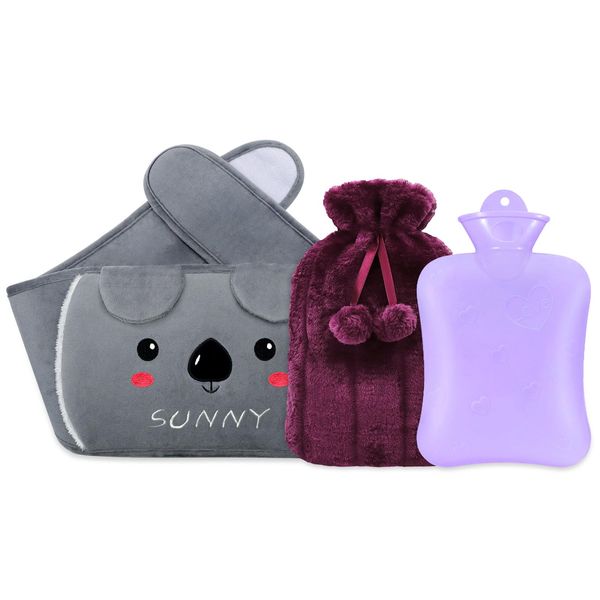 Shining She Hot Water Bottle, Rubber Hot Water Pouch with Soft Waist Waistbelt, Purple Warm Water Bag for Neck, Shoulder, Hand, Back Legs, Hot and Cold Therapy