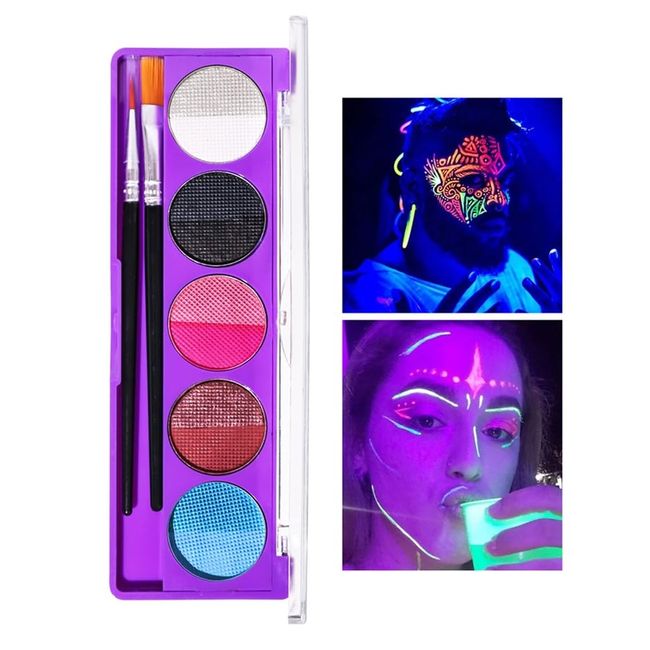 Colorful UV Glow Blacklight Body Paint with Brushes Set, Neon Eyeshadow Palette for Halloween Parties, Dance Events (# 02)