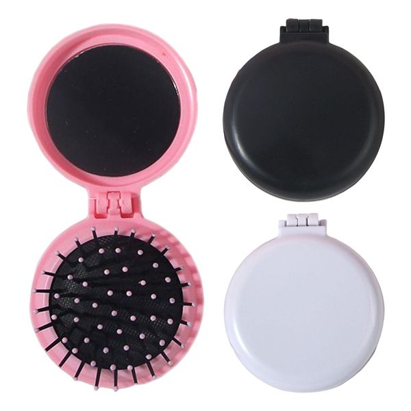 Saycker 3pcs Portable Folding Hair Brush with Mirror,Foldable Travel Mirror Hair Brushes Round Pocket Hair Brush Mini Hair Massage Comb Compact Hair Brush for Men Women and Girls(Black+White+Pink)