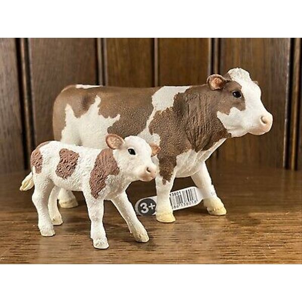 Schleich SIMMENTAL Cow & Baby Calf Steer 13801 13802 Farm Toy Figure Brown  (E)