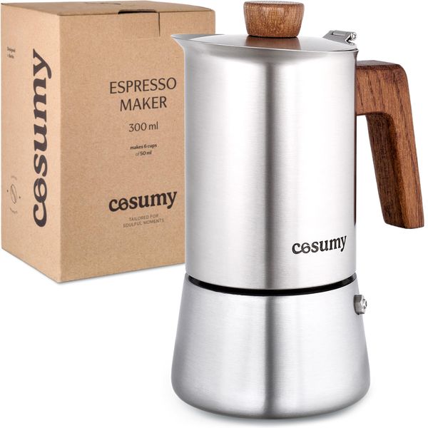 Cosumy Espresso Maker Induction - Stainless Steel Moka Pot 6 Cups - Coffee Maker Suitable for All Hobs - FSC® Oak Wood