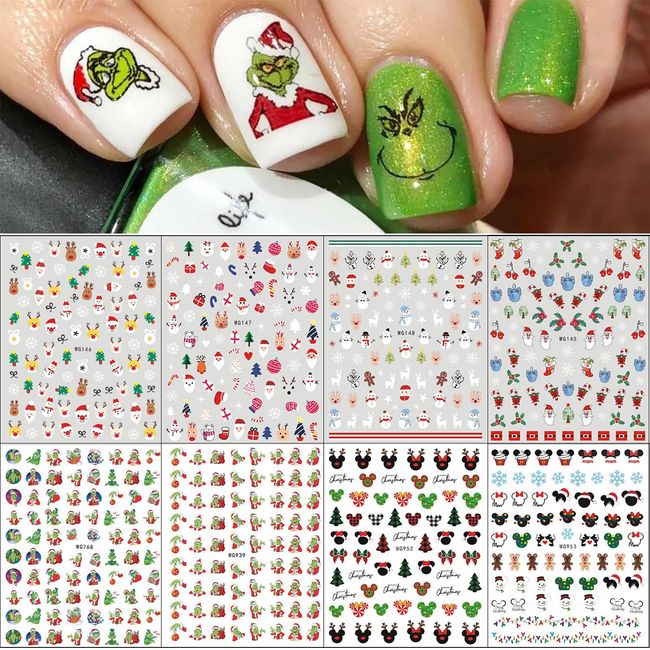 Christmas Nail Stickers, 10 Sheets Self-Adhesive Nail Decal for Kids Cartoon Art Decoration Design Supplies