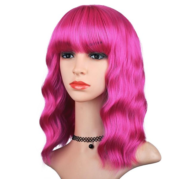 HAIRUP Pink Wig with Bangs for Women, Short Wavy Curly Bob Wig Hot Pink Wigs 14 Inch Shoulder Length Colored Wig Party Cosplay Halloween Wigs