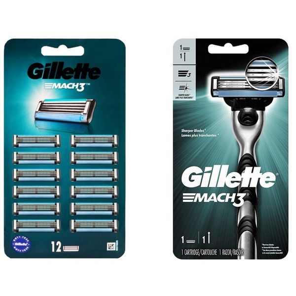 Gillette Mach 3 Razor Handle with Cartridge + 12 Blade Pack = 13 Refills