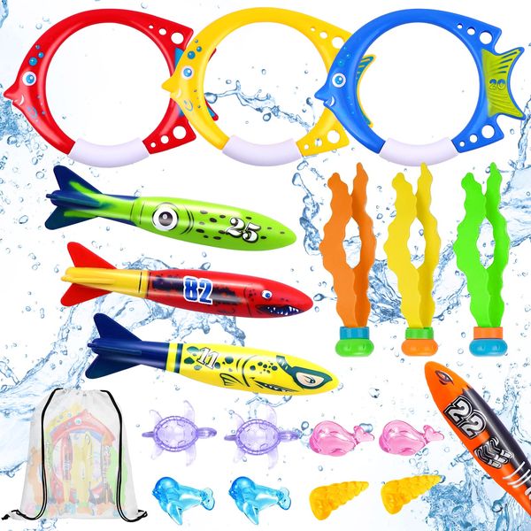 DIYDEC 18pcs Diving Pool Toys, Swimming Pool Toys Set with Diving Rings, Diving Torpedo, Diving Seagrass, Marine gem Underwater Training Diving Game Toys for Kids Summer Swimming Pool Party