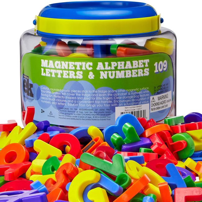 EduKid Toys ABC Magnets - 109 Magnetic Alphabet Letters & Numbers with Take Along Bucket