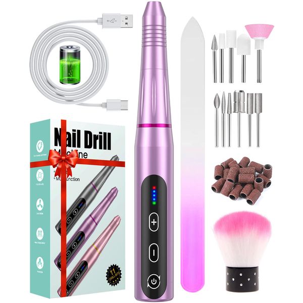 Nail Drill Cordless, Electric Nail Files Professional for Acrylic Nails, Rechargeable Electric Nail Drill with 20000 RPM, 5 Adjustable Speed E File, Portable Manicure Pedicure Kit Gifts for Women Mum